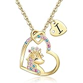 Chunyee Unicorn Gifts for Girls, 18K Gold Plated CZ Heart Unicorn Initial Necklace Birthday Gifts for Girls Teens