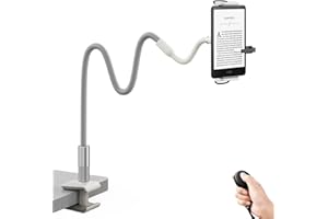 SAIJI Gooseneck Kindle Holder with Remote Page Turner, Tablet Holder for Bed, 100 cm Flexible Lazy Arm，Free Hands Kindle Acce