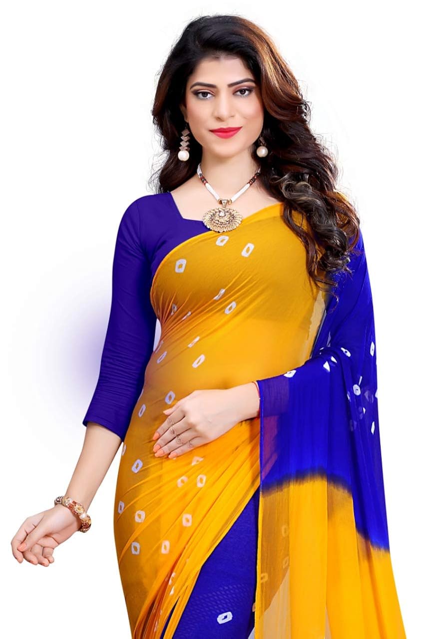amyaa fashion women's chiffon saree (yellow & blue_ free size)