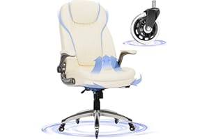 COLAMY Executive Office Chair-Ergonomic Computer Desk Chair with Upgraded Caster for Swivel, High Back Office Chair with Padded Flip-up Arms, Stylish Leather Chair Thicken Seat for Comfort (Ivory, 300lbs)