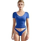 SUUKSESS Women Double Lined Fitted Basic Tee Sexy V Neck Short Sleeve Y2K Crop Top