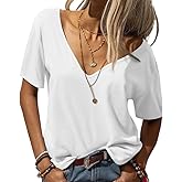 Eachyes Womens Deep V Neck T Shirts Casual Short Sleeve Loose Fit Basic Fashion Tee Tops