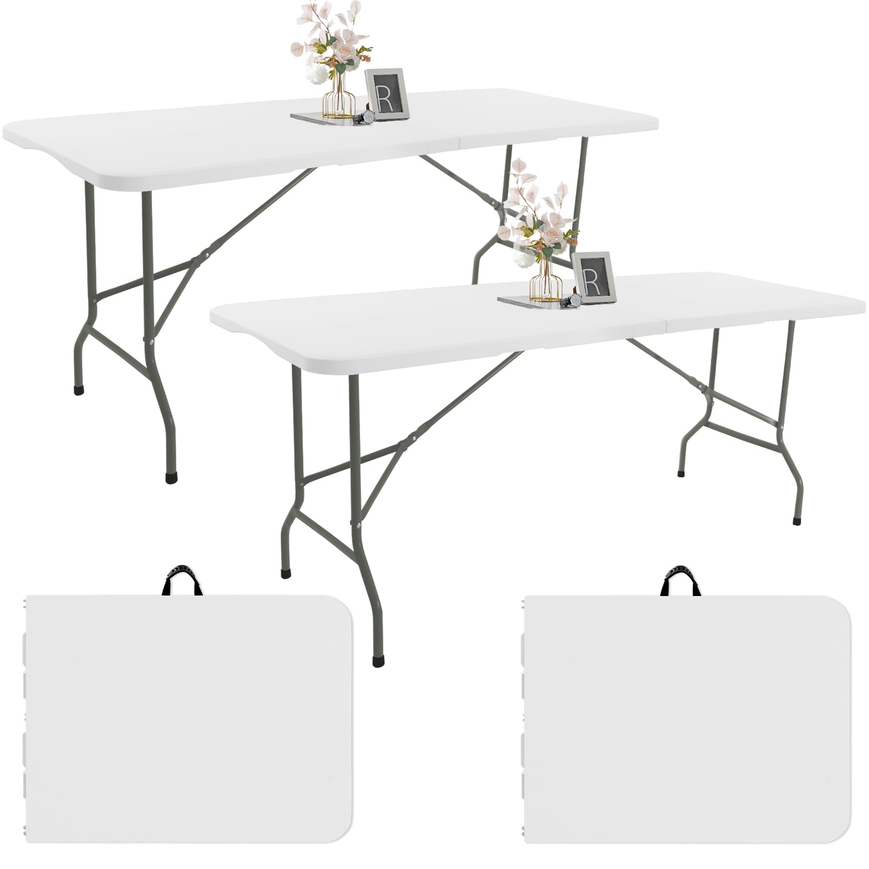 Photo 1 of 2 Pack 6 FT Folding Tables White Foldable Table, Fold-in-Half with Carrying Handle Portable Plastic Rectangular Table for Party, Dining, Wedding, Camping, Picnic, Indoor Outdoor Events