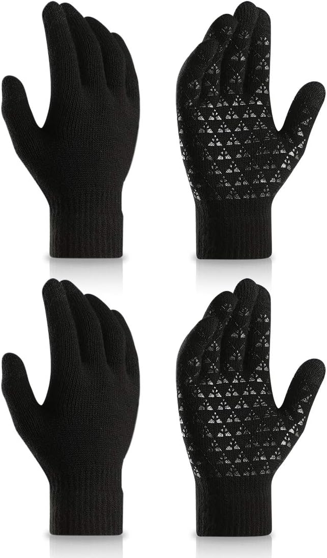 2 Pairs Winter Knit Touch Screen Gloves for Men and Women, Texting Warm Thermal Soft Lining Elastic Cuff Anti-Slip Mittens