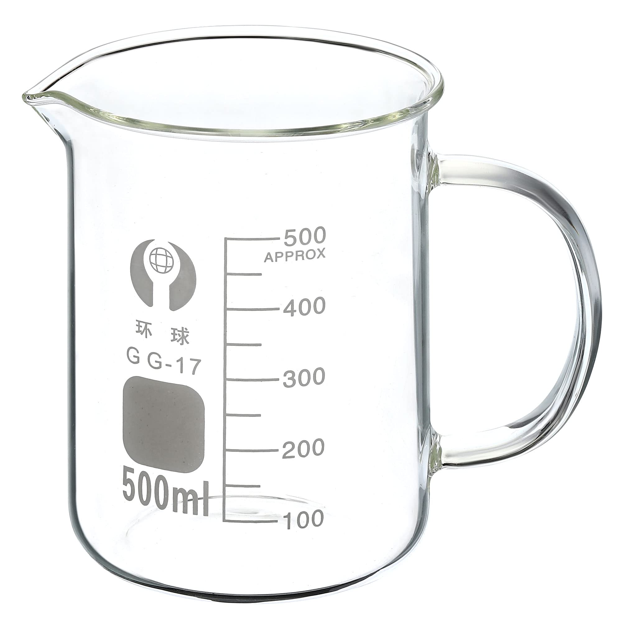 PATIKIL 500ml Glass Beaker with Handle, 3.3 Borosilicate Glass Graduated Printed Scale Measuring Cups with Spout for Kitchen Lab Liquids Transit Boiling