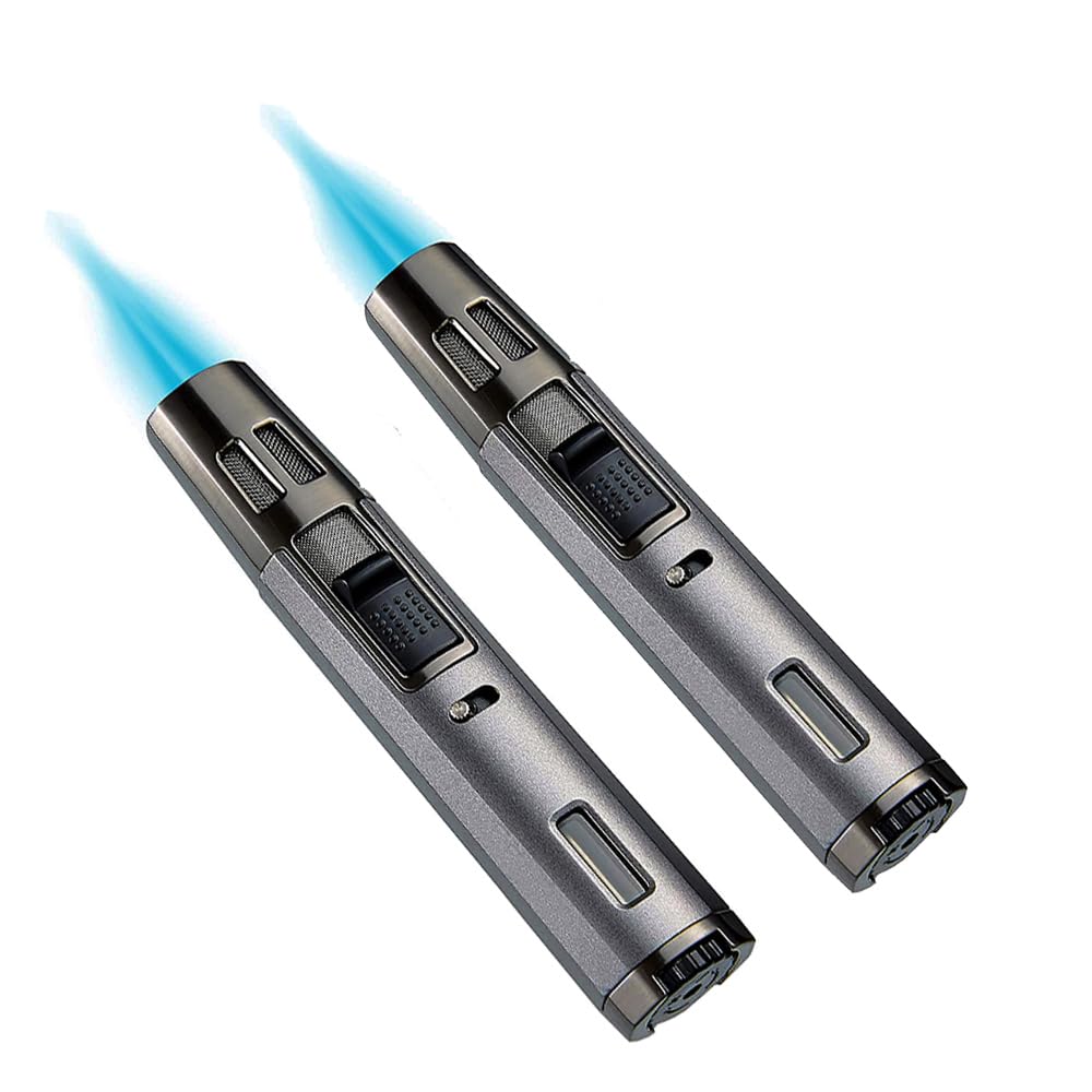 2PACK Windproof Long Lighter Refillable Inflatable Butane gas Jet Flame Lighter Adjustable Flame Torch Lighters For Grill (Without Gas) (Gray)