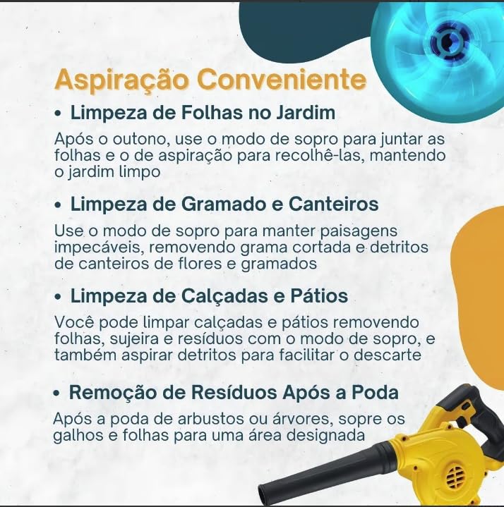 Soprador Profissional Jardinagem com Aspirador 2 Baterias Sem Fio Bivolt