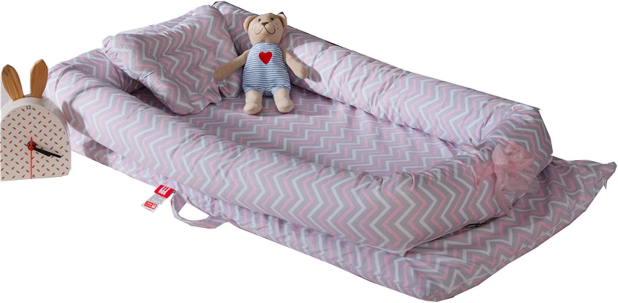 Hayisugar Baby Nest, Baby Pillow Bed Bassinet Newborn Toddlers Bionic Bed Cribs Infants Sleep Bed Lounger Super Soft Breather Portable Mattress, Pink-Gray Stripes