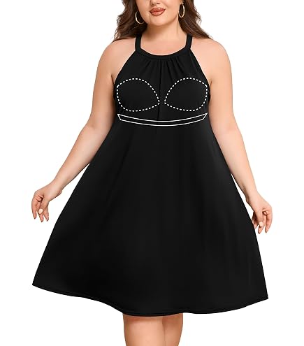plus size halter dress with built in bra V FOR CITY Summer Dresses Pockets Tropical Leaf Beach Sundress Casual Racerback Tank Navy 1X at Amazon Women's Clothing store Lantern Dresses