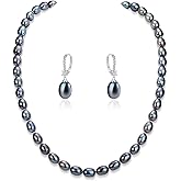 Pearl Necklace And Earrings Set Freshwater Pink/White/Black Pearl Necklace and Drop Earrings Jewelry Set For Women, Natural Cultured Near-Round Pearl Beads,925 Sterling Silver, Luxury Pearl Jewelry Gift For Mother/Wife