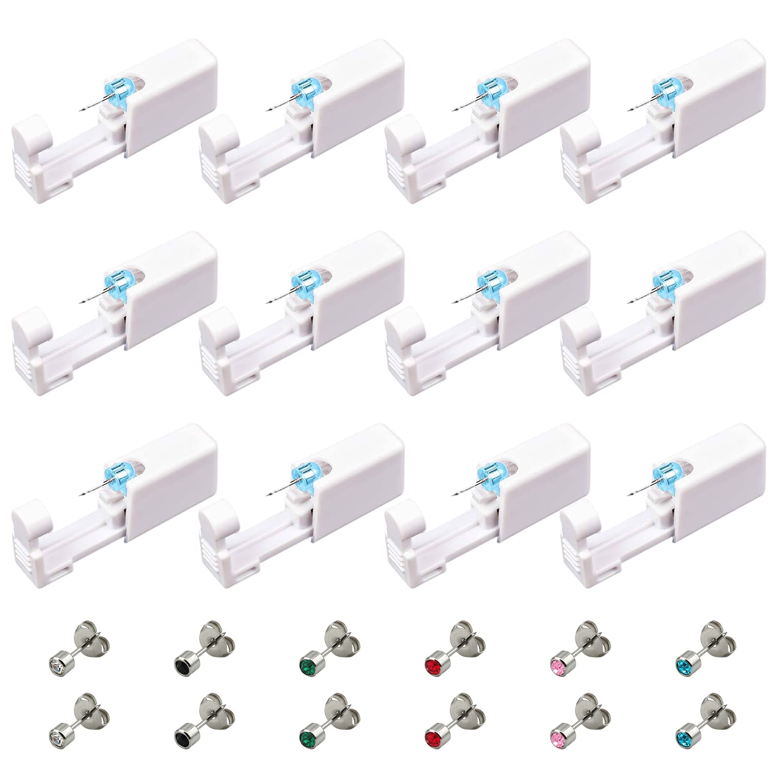 12 Pack Self Ear Piercing Gun, VEGCOO No Pain Disposable Ear Stud Piercing Gun Kit, Safety Asepsis Piercing Tool with 6 Ear Studs for Women Girls Men Boys (12 Pack)