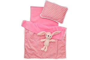 FERBERBEARS Baby Doll Accessories Bedding Set Soft Blanket Mattress Pillow Dolls Playset Fits 16-18 Inches American Doll Furniture Toy Girls and Boys (Pink)