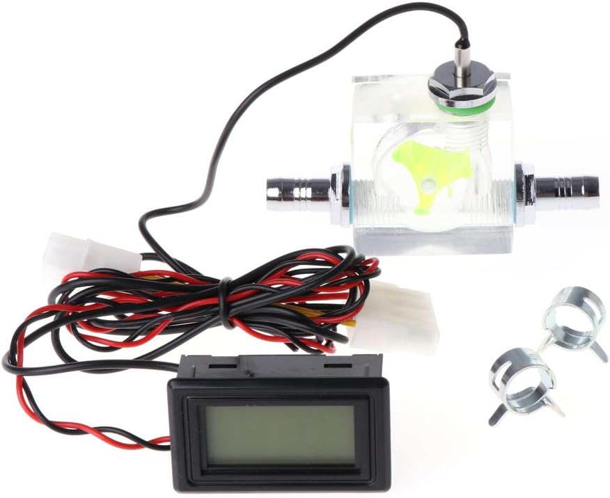 Bluejaye DIY Water Liquid Cooling 3 Way Flow Meter With Blue LED Thermometer G1/4 3/8" Barb Fitting