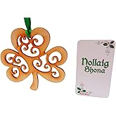 Irish Ornament Set ith Celtic Shamrock Decoration and Ireland Christmas Card Featuring Nollaig Shona in Gaelic, 3 Inch