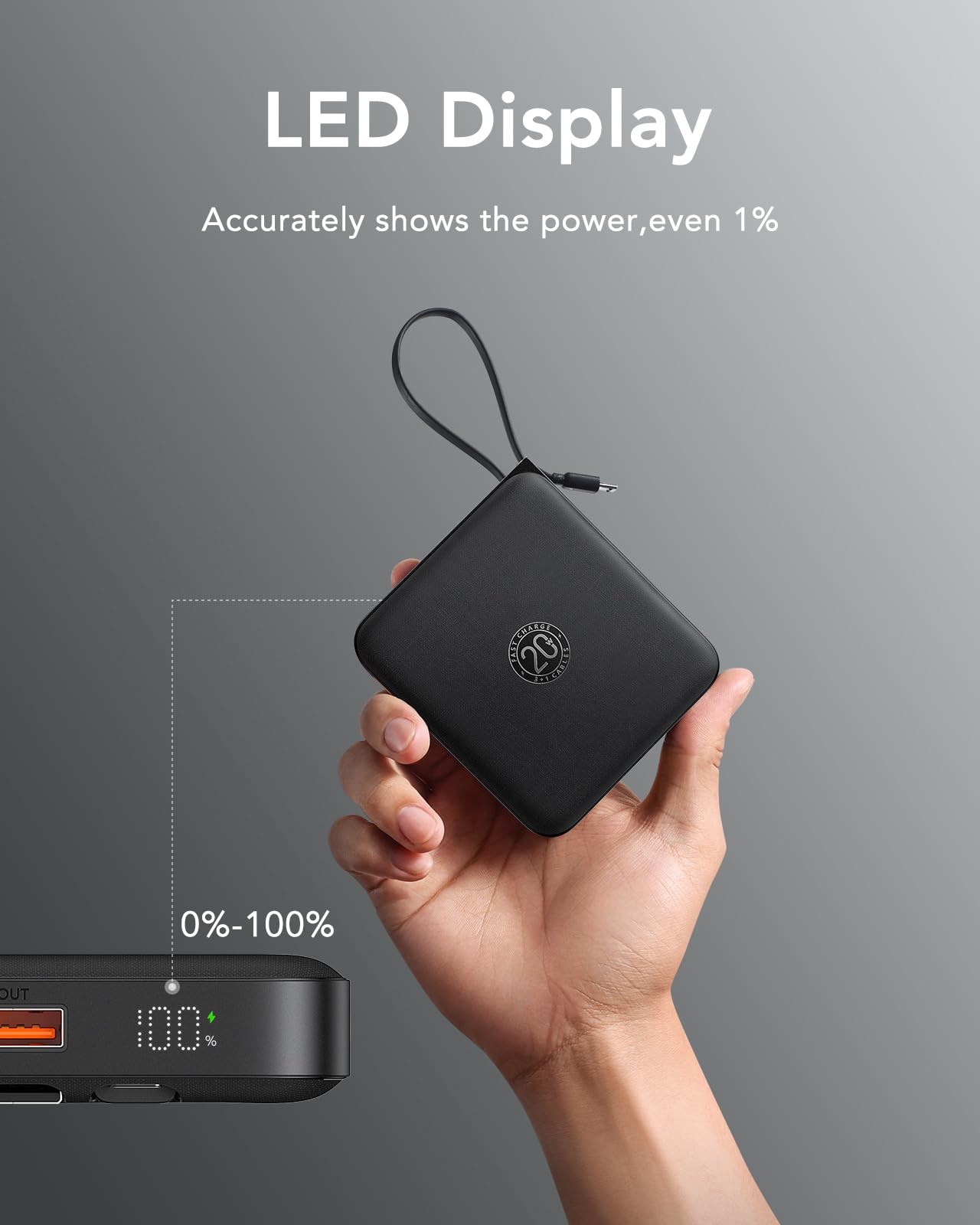 VRURC Portable Charger with Built-in Cable, 10000mAh 22.5W Fast Charging USB C Battery Pack, Cell Phone Power Bank for iPhone 16 15 14 Samsung Galaxy S25 S24 S23 Series Android Tablet, Black(1 Pack)