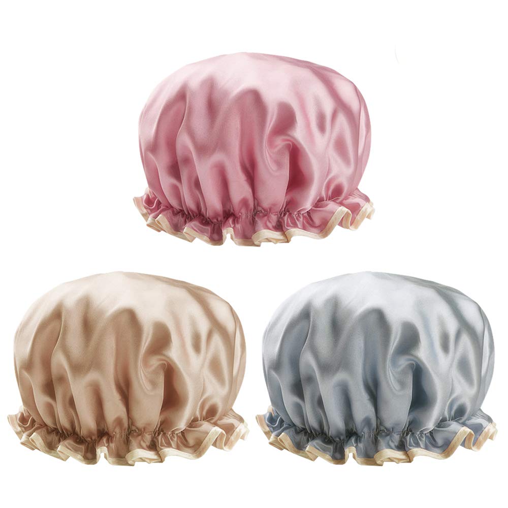 STURME 30cm Large Shower Cap Fit All Double-Layer Waterproof Bath Cap Stylish Design Perfect for Women and Girls Pack of 3