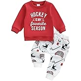 Doqcey Toddler Baby Boy Hockey Outfit Letter Print Long Sleeve Sweatshirt Ice Hockey Pants Set Infant Fall Winter Clothes