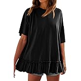 Tankaneo Womens Peplum Oversized Tshirt Summer Flowy Casual Shirt Dress Crew Neck Pleated Babydoll Beach Tunic Tops