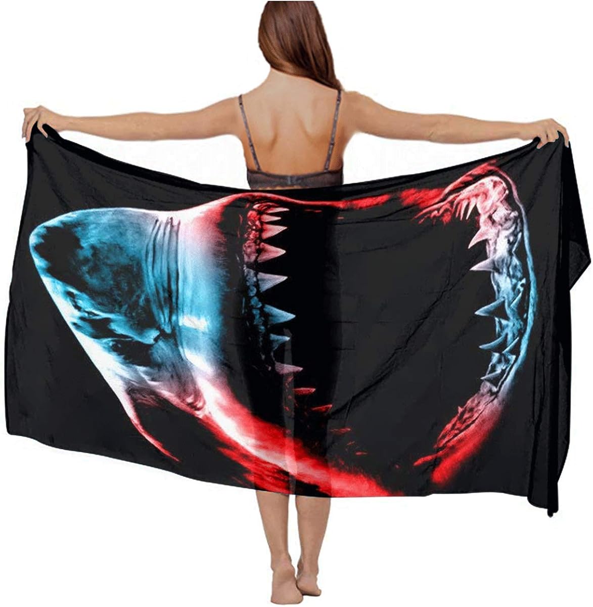 Fierce shark Black Chiffon Scarf Beach Cover up Sarong Wrap gift for women