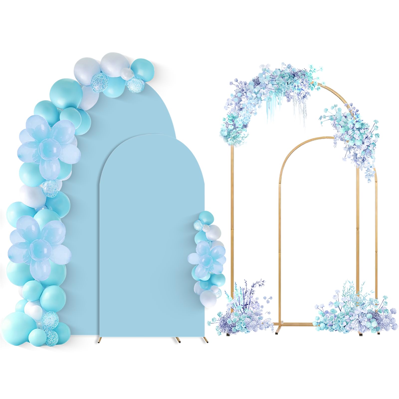 Photo 1 of SuuWoee Arch Backdrop Stand Set of 2 With Blue Cover (7.2FT+6FT),Gold Metal Wedding Arch Balloon Stand With Cover for Birthday Party Baby Shower Graduation Ceremony Decoration