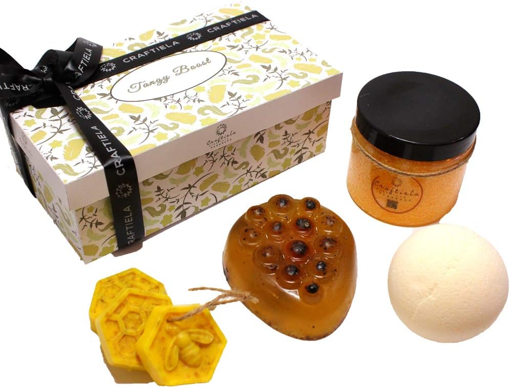 Craftiela Tangy Boost Deluxe Organic Gift Set For Her Lemon and Aloe Vera Bath Bomb, Oats and Honey Bath Bars, Raw Honey and Black Pepper Soap, Lemon Dead Sea Bath Salts, SLS/SLES Free