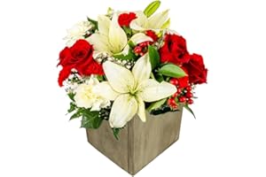 Modern Love in Wooden Vase | Red, White, Fresh Flower Arrangement | Arabella Bouquets | Flowers for Delivery, Christmas, Birthday, Congratulations