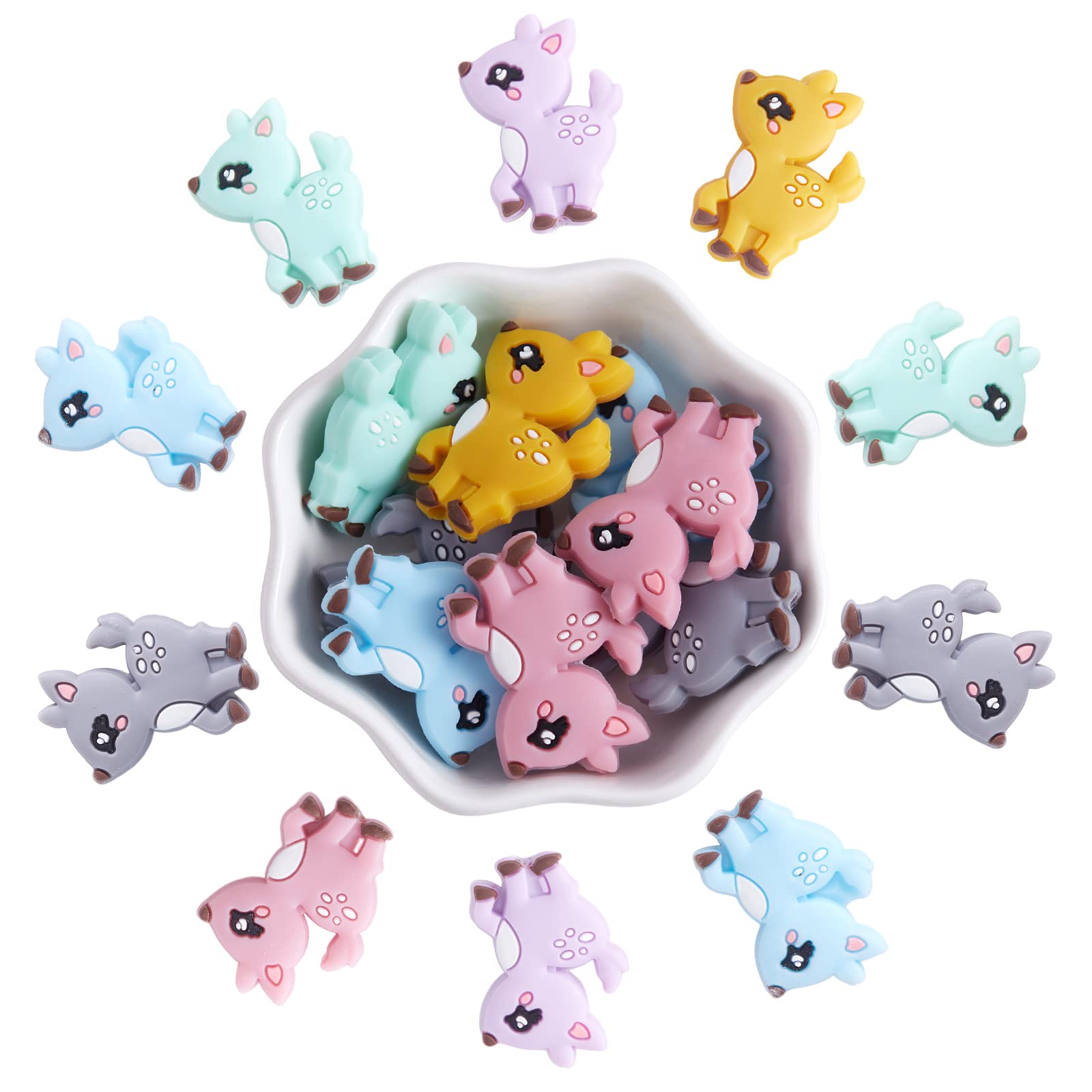 WEWAYSMILE 12pcs Mixed Round Geometry Silicone Beads, Silicone Beads Bulk, Mix Color Rubber Polygonal Beads, for Keychain Making Necklace Bracelet Craft DIY(Deer)(T) JX666A