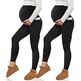 Happy.angel 2 Pack Maternity Fleece Lined Leggings Over The Belly, Womens Black Workout Yoga Pregnancy Pants with Pockets