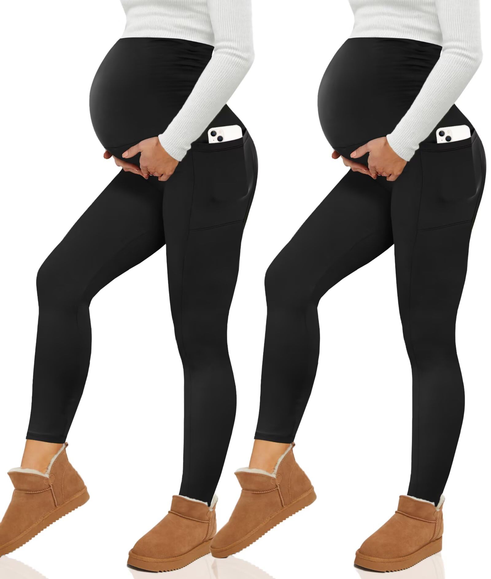 Photo 1 of *USED** 2 Pack Maternity Fleece Lined Leggings Over the Belly, Women's Black Workout Yoga Pregnancy Pants with Pockets Black X-Large