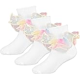 WBZOTSS Girls Ruffle Socks, 3 Pairs White Pearls Lace Frilly Dress Socks, Big Turn Cuff Fancy Pageant Sock for Toddler 1-10