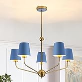 ZXFGNF Modern Gold 5-Lights Chandelier, 27" Dining Room Light Fixture with Blue Metal Shade, Adjustable Farmhouse Brass Penda