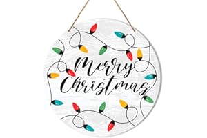 Muktoujaumai Merry Christmas Sign Front Door Decor, Christmas Round Hanging Sign Decor Xmas Holiday Wall Decorations Winter Wood Sign for Door, Porch, Home