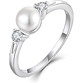 JO WISDOM Pearl Ring,925 Sterling Silver Cubic Zirconia Women's Rings with 7mm White Freshwater Cultured Pearl Ring size 5-10