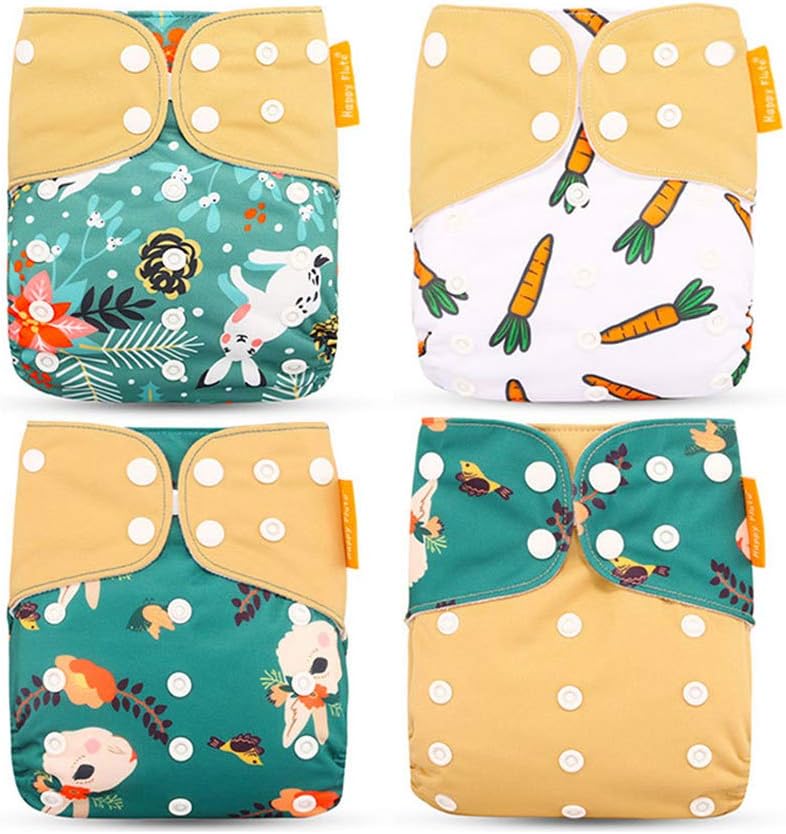 Wenosda 4PCS Baby Cloth Diaper Pocket Nappies Washable Reusable Diapers Insert All-in-One Pocket Nappy for Most Babies and Toddlers (Green + Coffee Rabbit, Radish)
