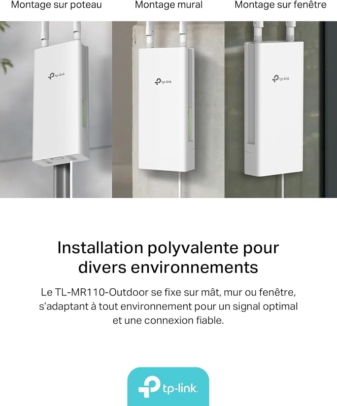 TL-MR110-Outdoor Routeur 4G LTE jusqu'à 150 Mbps, WiFi 300 Mbps, Étanche IP65, WiFi N300, Antennes 4G Amovibles, Idéal Zones Rurales et Sites Distants, Plug & Play, sans Box, Montage Facile