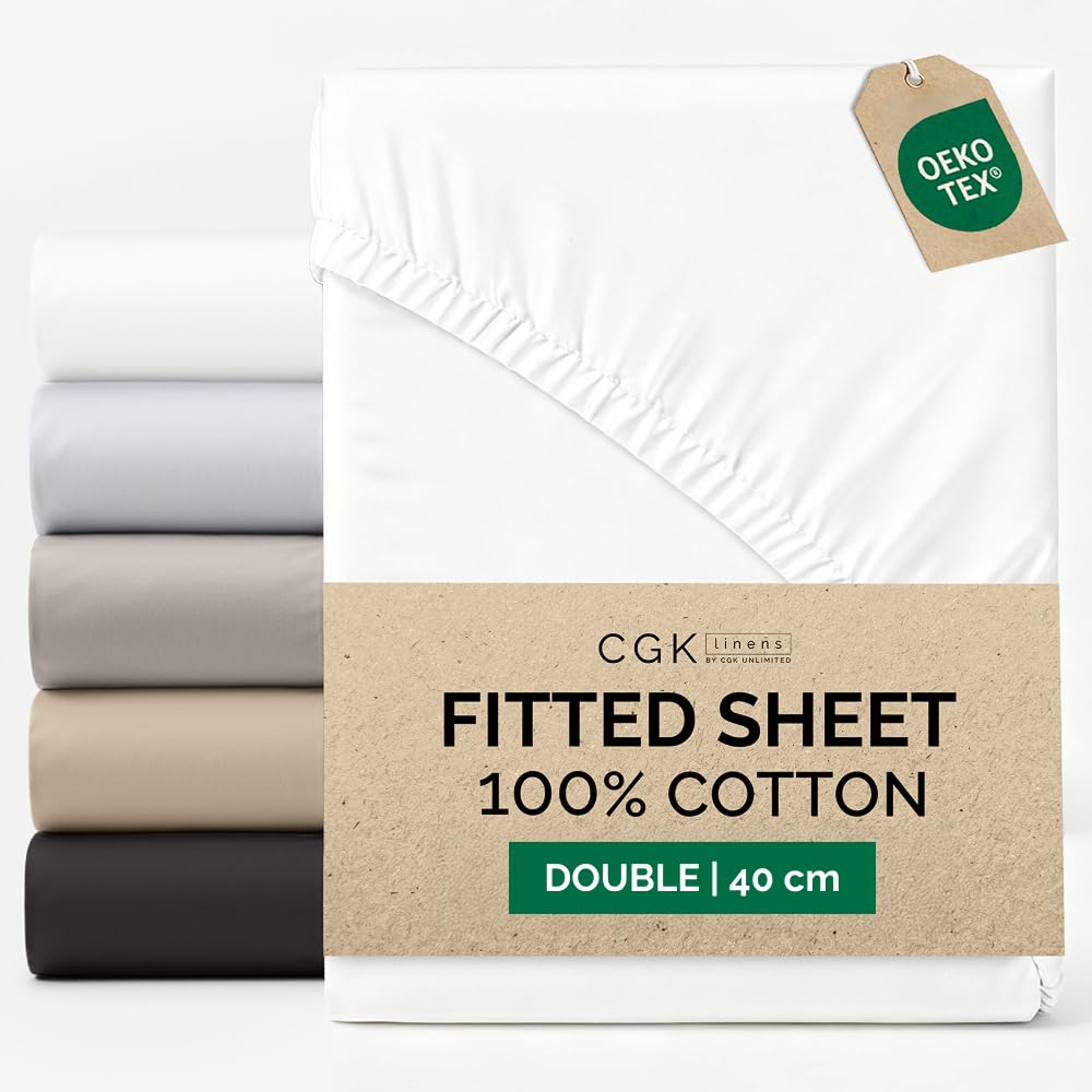 Double Fitted Sheet 135x190 cm - 100% Cotton Sateen 400 Thread Count - Extra Deep Fitted Sheet for Mattresses up to 40 cm (16") - Soft, Breathable, Wrinkle Free - OEKO-TEX Certified - White