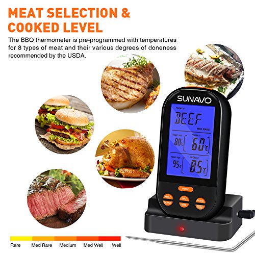Sunavo Wireless Remote Cooking Meat Thermometer Digital with Large LCD and Timer Alarm for Grilling Oven Kitchen Smoker BBQ Grill with Dual Stainless Steel Temperature Probe