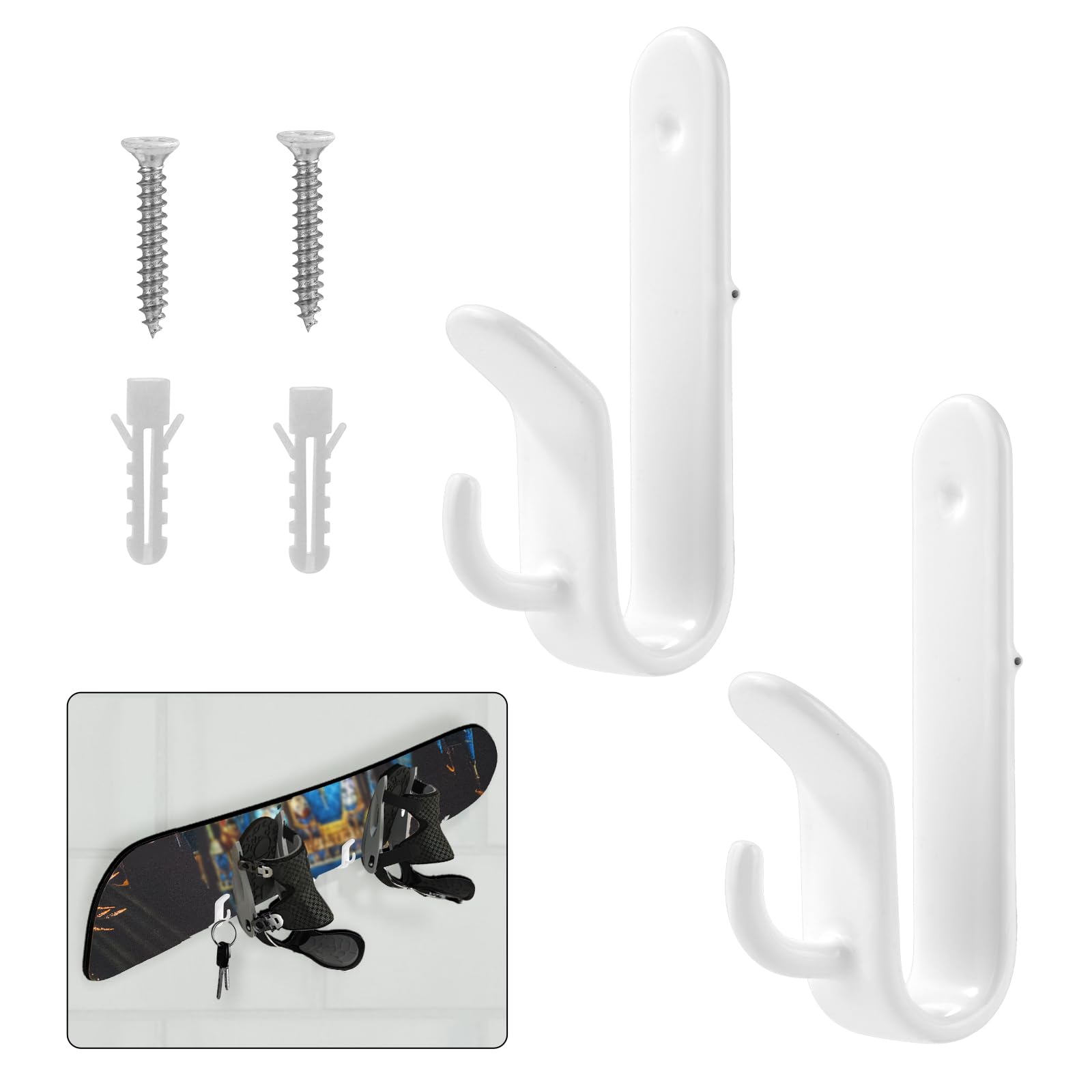 Gosknor 2pcs Snowboard Wall Mount Clips, Double Rack Horizontal Ski Mount Clips Skateboard Wall Holder Longboard Display Stand Snowboard Hanger Hooks Room Garage Storage Practical Accessories