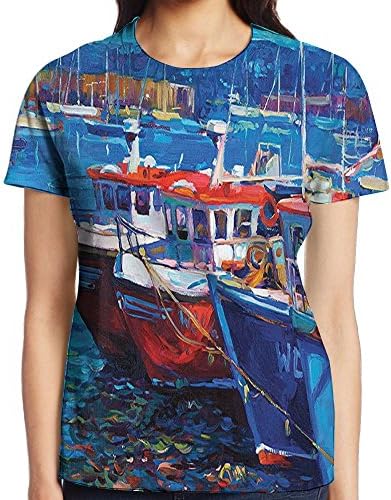 WuLion Image of Sail Boats Ships in The Harbor by The Sea Small Country Rural Fishing Town Women's 3D Print T Shirt White