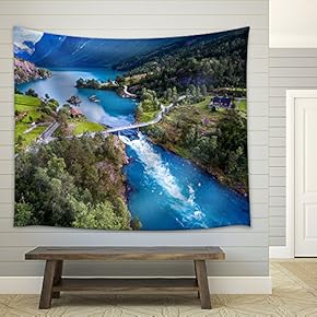 Beautiful Nature Norway Natural Landscape Aerial Photography. Lovatnet Lake. - Fabric Wall Tapestry Home Decor - 51x60 inches