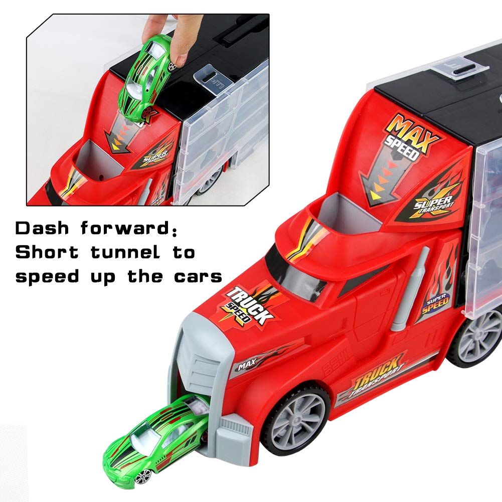Nuheby Transporter Truck Carrycase for Cars Playset Detachable Carrier Truck Toy Cars Including 17 Mini Mental Die Cast Cars and Accessories- Car Transporter Toy for Boys & Girls 3 4 5 Years Old