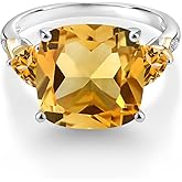 Gem Stone King 7.33 Cttw Yellow Citrine and Diamond Ring For Women | 925 Silver and 10K Yellow Gold | 12MM Cushion and 5MM Trillion | Wedding Engagement Anniversary Promise Ring For Women