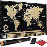 Divalis Scratch Off World Map Poster with Flags and US States - Black and Gold - Large, Laminated, Detailed Scratchable Travel World Map - Scratcher, Pins, Thumb Tacks Included - Best Gift