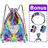 Pawliss Mermaid Reversible Sequin Drawstring Backpack with Bonus Slap Bracelet, Headband, Keychain Set, Magic Glittering Dance Bag, Rainbow, 5pcs