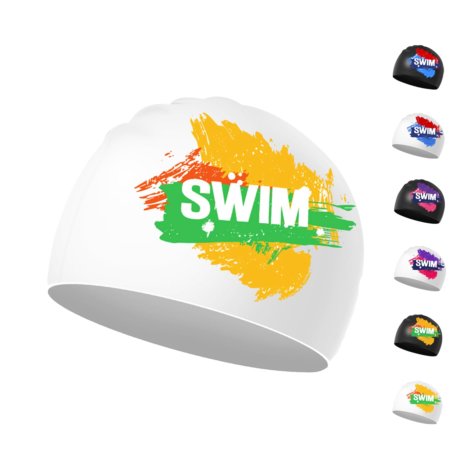 Swimming Cap Kids 6-14 - Swim Cap Kids Swim Hat Kids Swimming Cap Boys Girls, Silicone & Waterproof (White, Orange&Green)