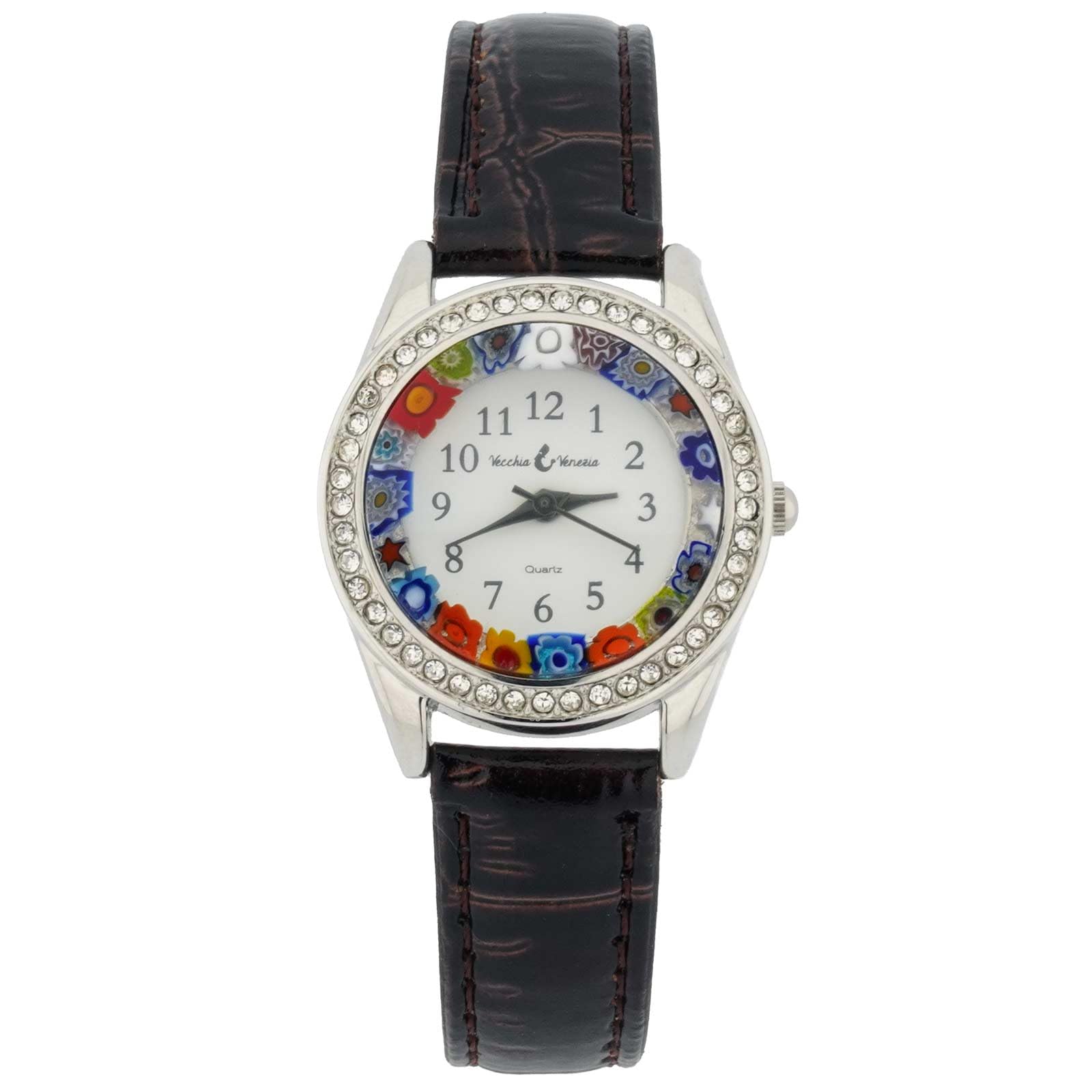 Glass of Venice Murano Glass Watch Millefiori and Crystals with Leather Band - Brown