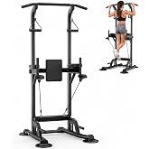 Power Tower Pull Up Bar Dip Station, 450 lbs Capacity Freestanding Workout Station with Adjustable Height, Home Gym Strength Training Equipment for Pull Ups, Dips and Knee Raises