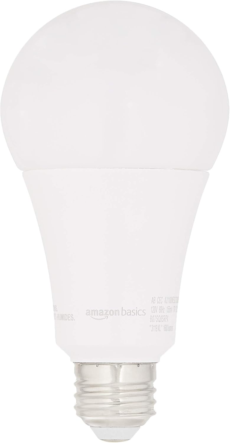 AmazonBasics 100W Equivalent, Soft White, Dimmable, 15,000 Hour Lifetime, CEC Compliant, A21 LED Light Bulbs | 6-Pack