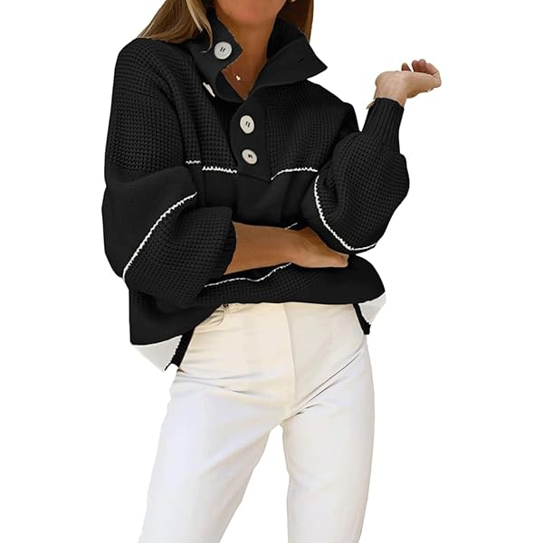 chouyatou Women's Slouchy Waffle Knit Sweater 1/2 Button Polo