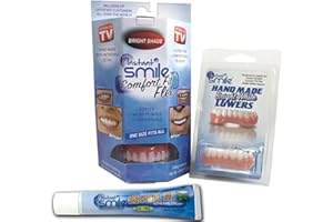 BYWABEE Instant Smile Comfort Fit Flex Teeth Bright White or Natural Shade Upper, Lower Set w/Denture Cream… (Bright Shade)